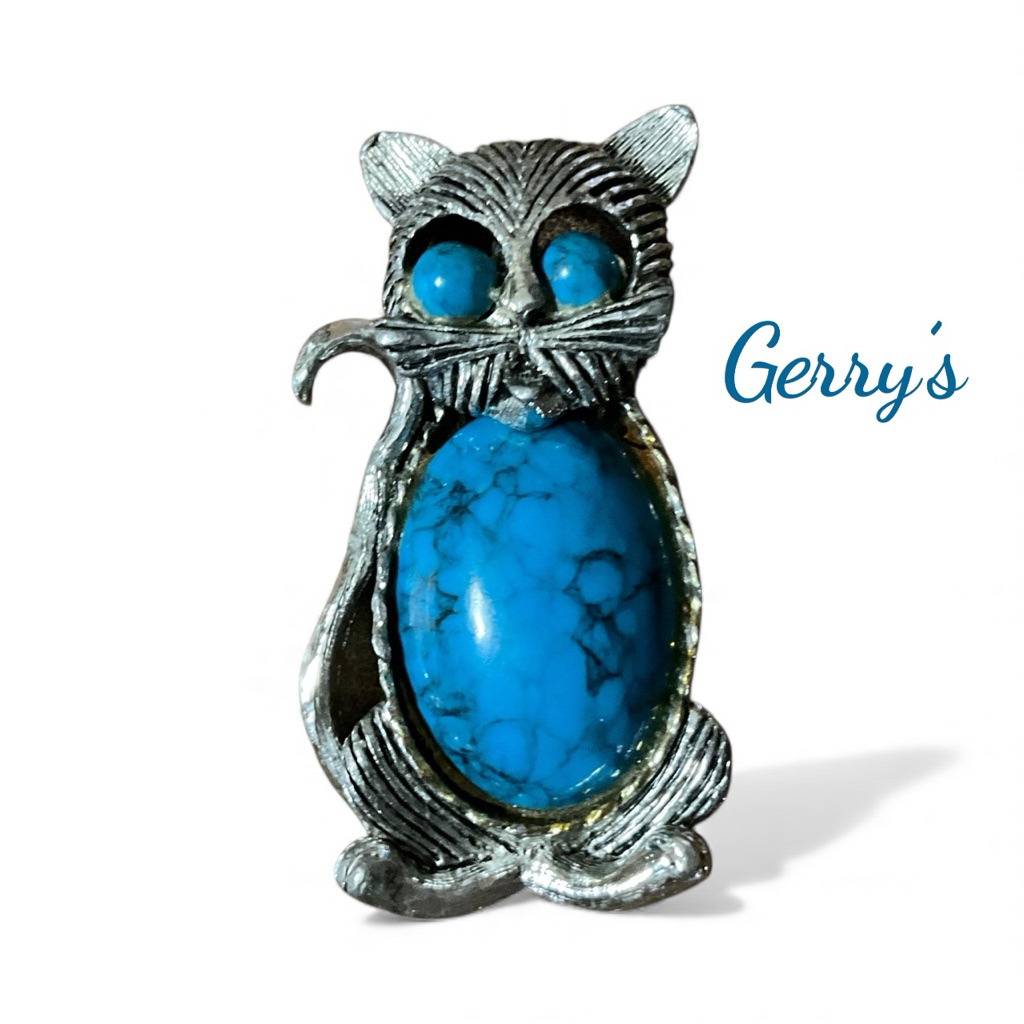 Gerrys Silver Toned Metal And Faux Turquoise Kitty Cat Brooch Pin Vintage 25$